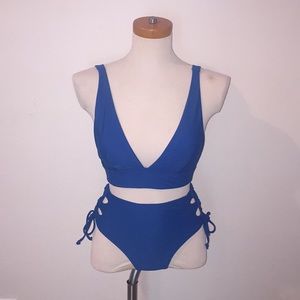 NEW ZAFUL blue hi waisted plunge top bikini size S